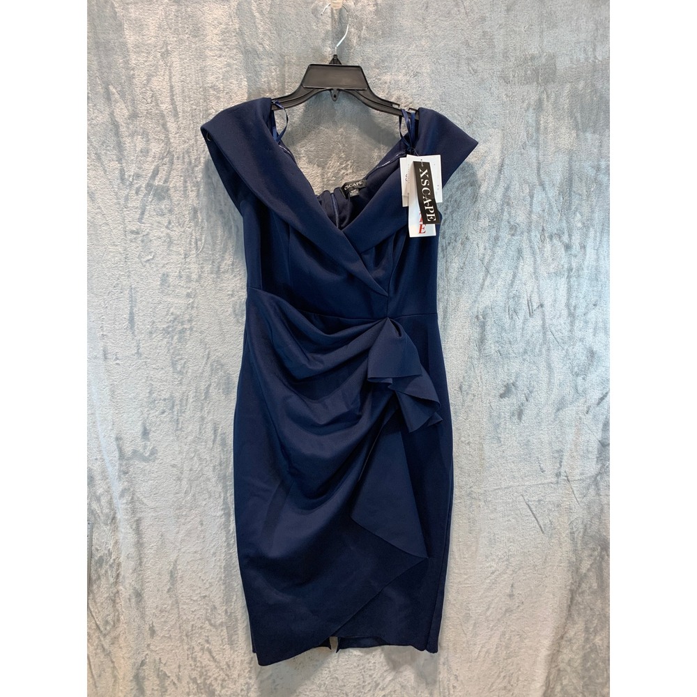 Xscape Navy Blue Off-the-Shoulder Ruched Sheath Dress 10P 5504XP